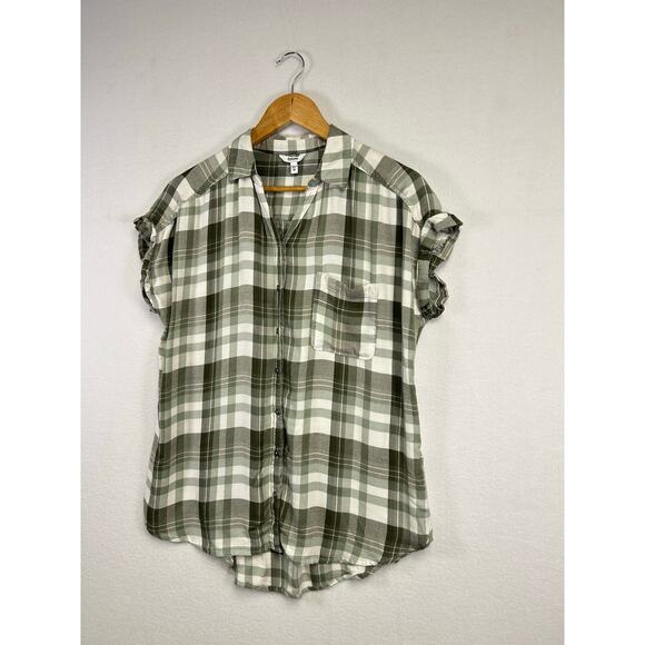 Woman's Short Sleeve Green White Plaid Button Down Top - Size Medium - Picture 1 of 11